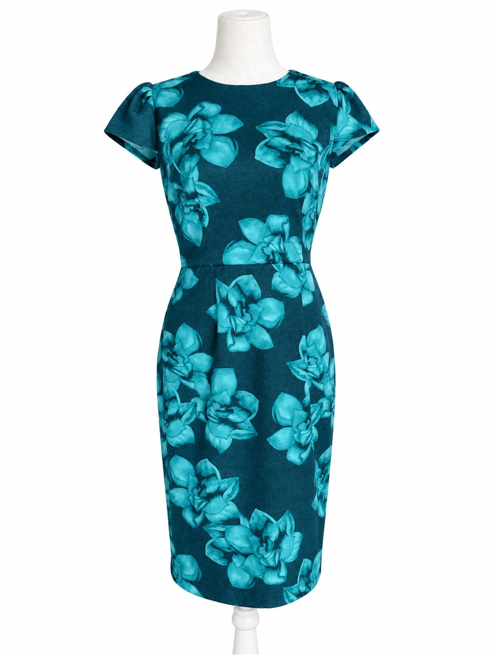 Betsey Johnson Floral Sheath Dress Size 6 Teal Blue Green Cap Sleeve Midi Scuba